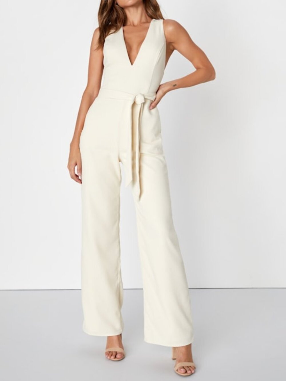 Lulus Dramatically Modern Cream Sleeveless Jumpsuit White - Size XS